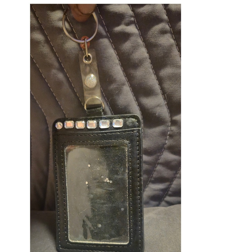 Black Faux Leather ID Badge Holder Rhinestone Accents‎ Key Ring Card Slot